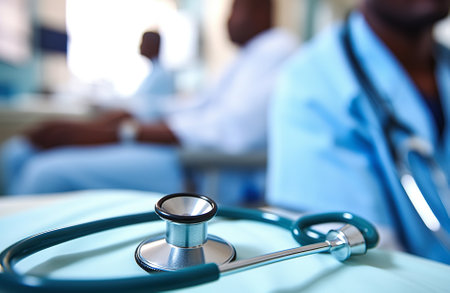 Medical stethoscope on a desk in a clinicの写真素材