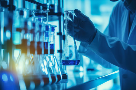 Chemist scientist or doctor examines a liquid placed in a vial in a chemical laboratory.の写真素材