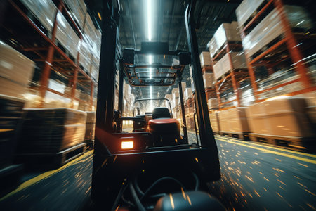 POV from driving a modern forklift in a factoryの写真素材