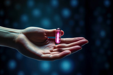 Woman holds in her hand a medical pill used to prevent pregnancy the day afterの写真素材