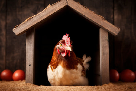 Hen or chicken in a coop in the countrysideの写真素材