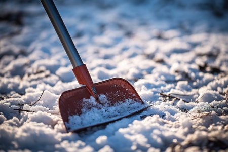 Close-up of a plastic snow shovel while clearing a sidewalk
