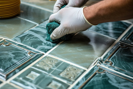 Tiler lays ceramic tiles and groutの写真素材
