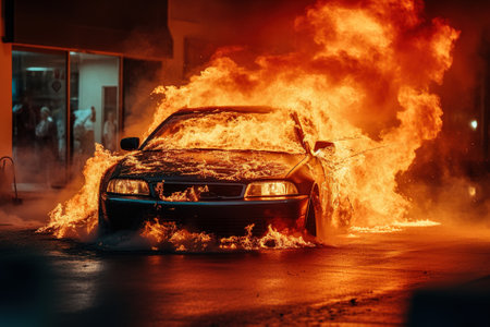 Car burning in the evening on a city streetの写真素材