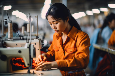 young chinese female fashion designer working on sewing machine in factory.