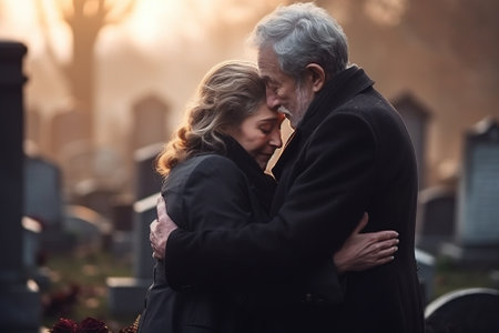 Portrait of a loving senior couple in the cemetery at sunset.