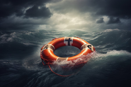 Lifebuoy floating in the ocean with stormy sky. Mixed media