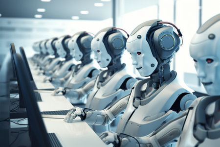 3d rendering humanoid robot working in a modern office. Technology conceptの写真素材