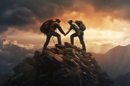 Couple of hikers holding hands on the top of a mountain during sunsetの写真素材
