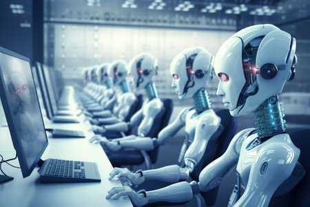 3d rendering humanoid robot working in a server room with computer monitorsの写真素材
