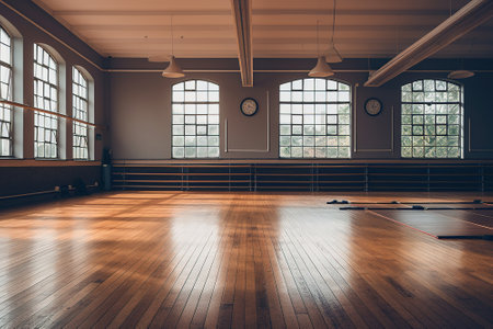 Interior of an old school gym with wooden floor and large windowsの写真素材
