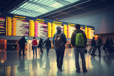 Traveler looking at flight information board in airport terminal. Travel conceptの写真素材