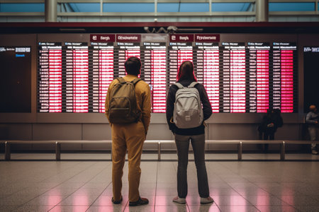 Rear view of man and woman looking at flight information board at airportの写真素材
