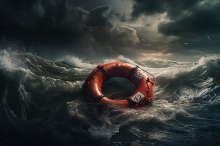 Lifebuoy in stormy sea. Mixed media. Mixed mediaの写真素材