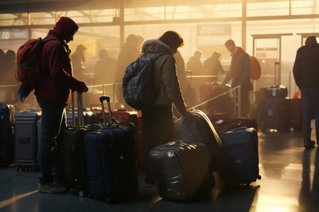 Passengers with suitcases at airport terminal, back view. Travel conceptの写真素材