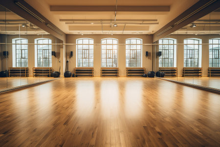 Interior of a fitness hall with wooden floor and large windows.の写真素材