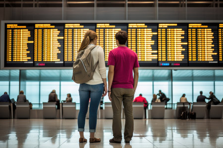 Rear view of young couple looking at flight information board in airportの写真素材