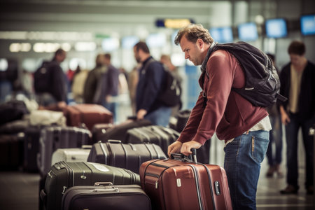 Handsome young man with luggage at the airport. Shallow depth of fieldの写真素材