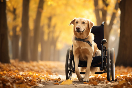 Cute dog in wheelchair in park on autumn day, closeupの写真素材