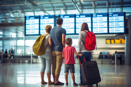 Back view of a family of four with luggage at the airport.の写真素材