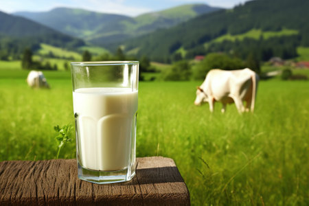 Glass of milk on wooden table on background of green meadow and cowの写真素材