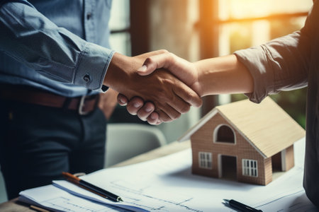 Real estate agent shaking hands with customer after signing contract for buying house.の写真素材