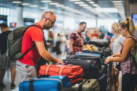 Young man in red t-shirt and glasses with luggage at the airportの写真素材