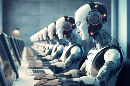 Row of robots in a row. 3d rendering toned imageの写真素材