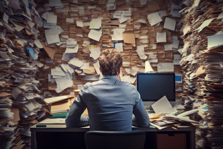 Businessman sitting at his desk in an office with piles of paperworkの写真素材