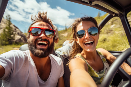 Happy young couple enjoying a road trip in a convertible car on a sunny dayの写真素材