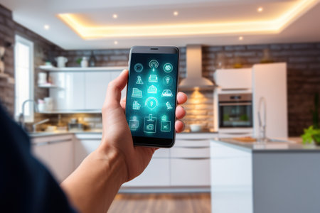 Smart phone with smart home and modern kitchen background. Technology and internet concept.の写真素材