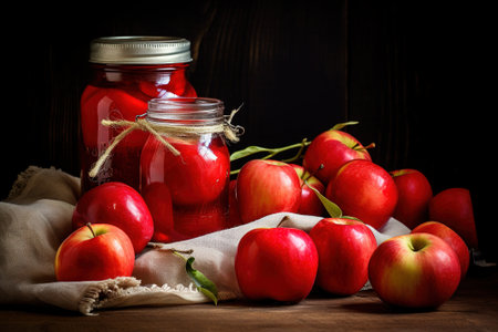 Homemade apple jam in a glass jar and fresh apples on wooden backgroundの写真素材