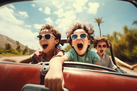 Group of happy friends driving in convertible car on a sunny day.の写真素材