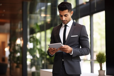Handsome young businessman using digital tablet while standing in modern officeの写真素材