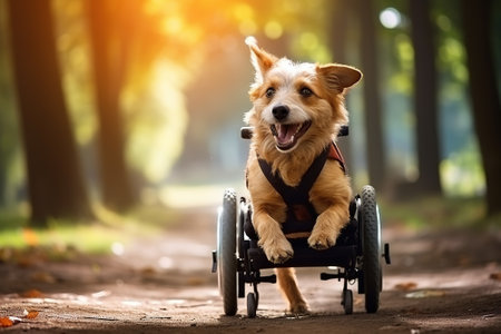Cute corgi dog in wheelchair on the road in the forestの写真素材