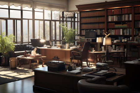 3D rendering of an office interior with bookshelves and computersの写真素材