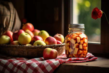 Homemade apple compote in a glass jar and fresh apples on a wooden tableの写真素材