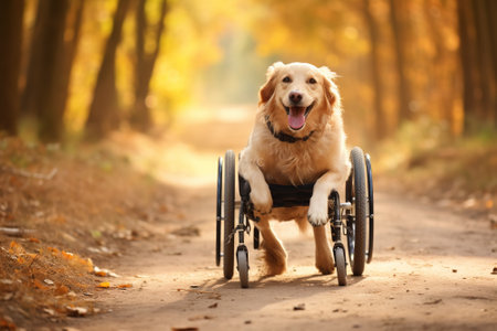Beautiful golden retriever dog in wheelchair in autumn park. Space for textの写真素材