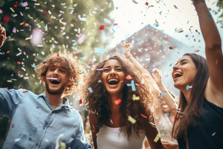 Group of friends having fun at a music festival and throwing confetti.の写真素材