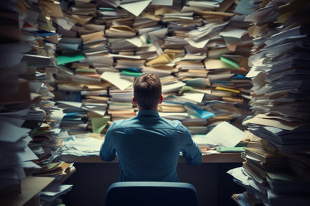 Businessman sitting at the desk in the office with piles of books