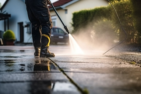 Man washes the asphalt with a high pressure washer. High quality photoの写真素材