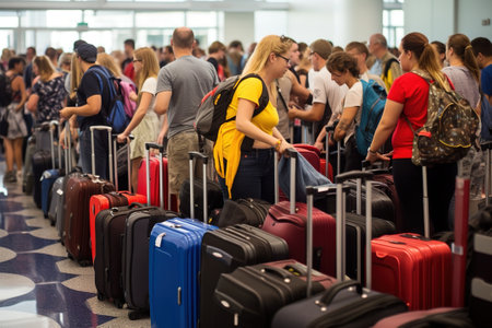 Passengers with suitcases at the airport waiting for their flight.の写真素材