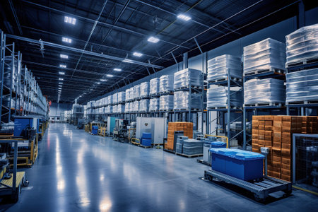 warehouse interior with rows of shelves and pallets, industrial backgroundの写真素材