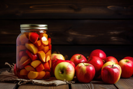 Homemade apple compote in glass jar with fresh apples on wooden backgroundの写真素材