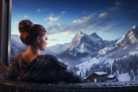 Young woman looking out the window against snow covered mountain range at nightの写真素材