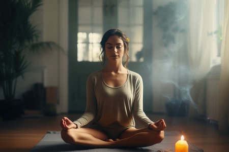 Young woman practicing yoga at home, sitting in lotus position.の写真素材