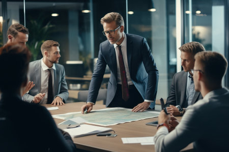 businessman talking on smartphone and pointing at map with colleagues in officeの写真素材