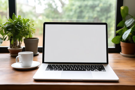 Mockup image of laptop with blank white screen and coffee cup on wooden table in cafeの写真素材