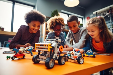 Group of children playing with robot at the table. Children having fun together.の写真素材