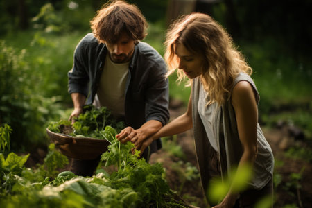 Young couple working in the garden. Selective focus. nature.の写真素材